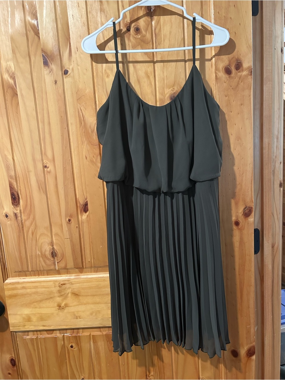 Bisou Bisou Olive Green Pleated Spaghetti Strap Mini Dress